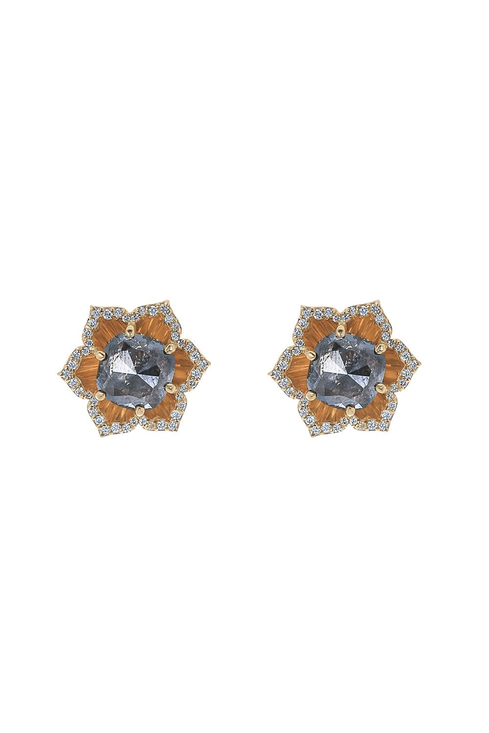 ARUNASHI-Rustic Diamond Flower Stud Earrings-YELLOW GOLD