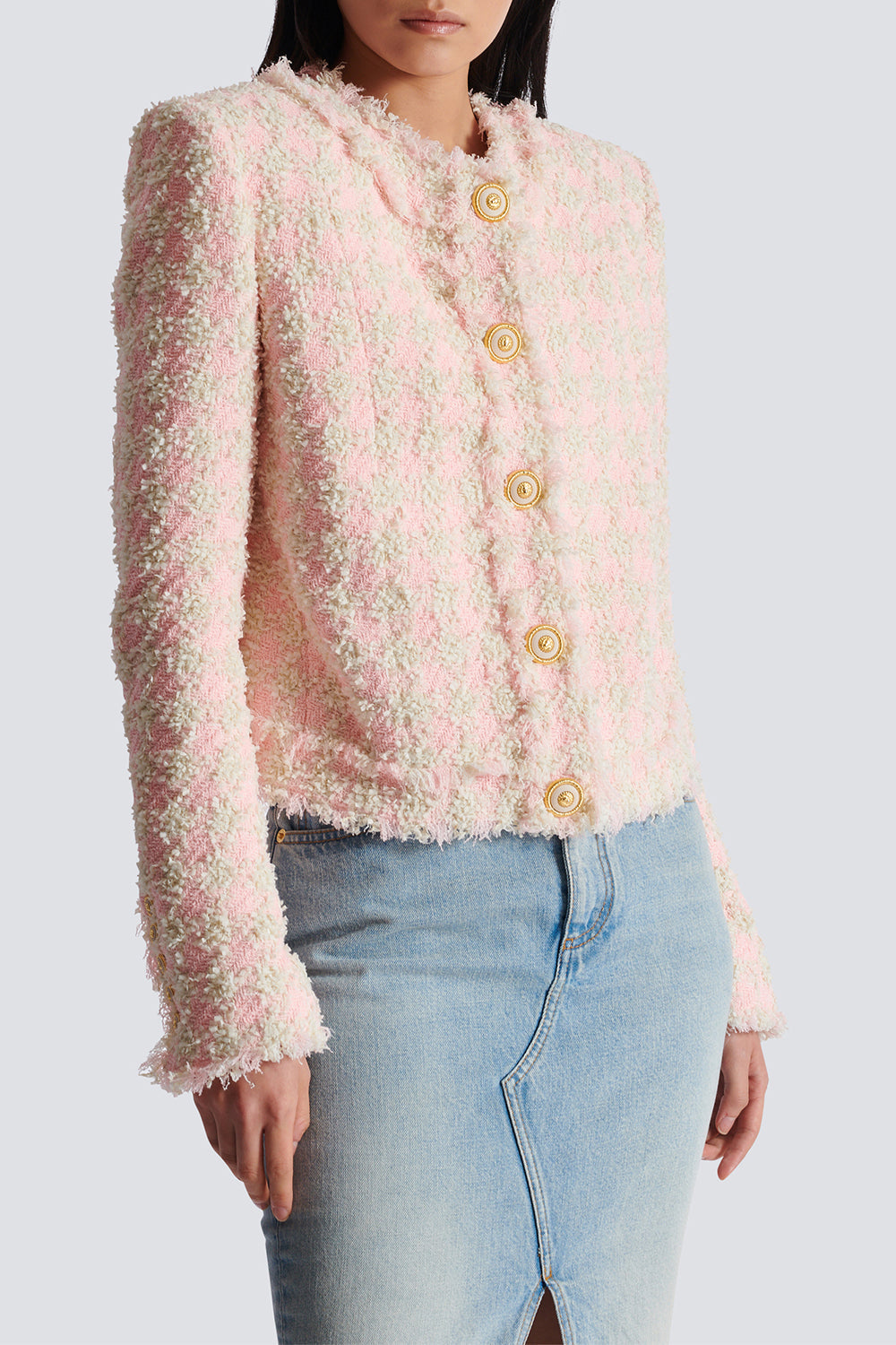 COLLARLESS TWEED JACKET-ROSE/BGE-38-CLOTHINGJACKETCASUAL-BALMAIN