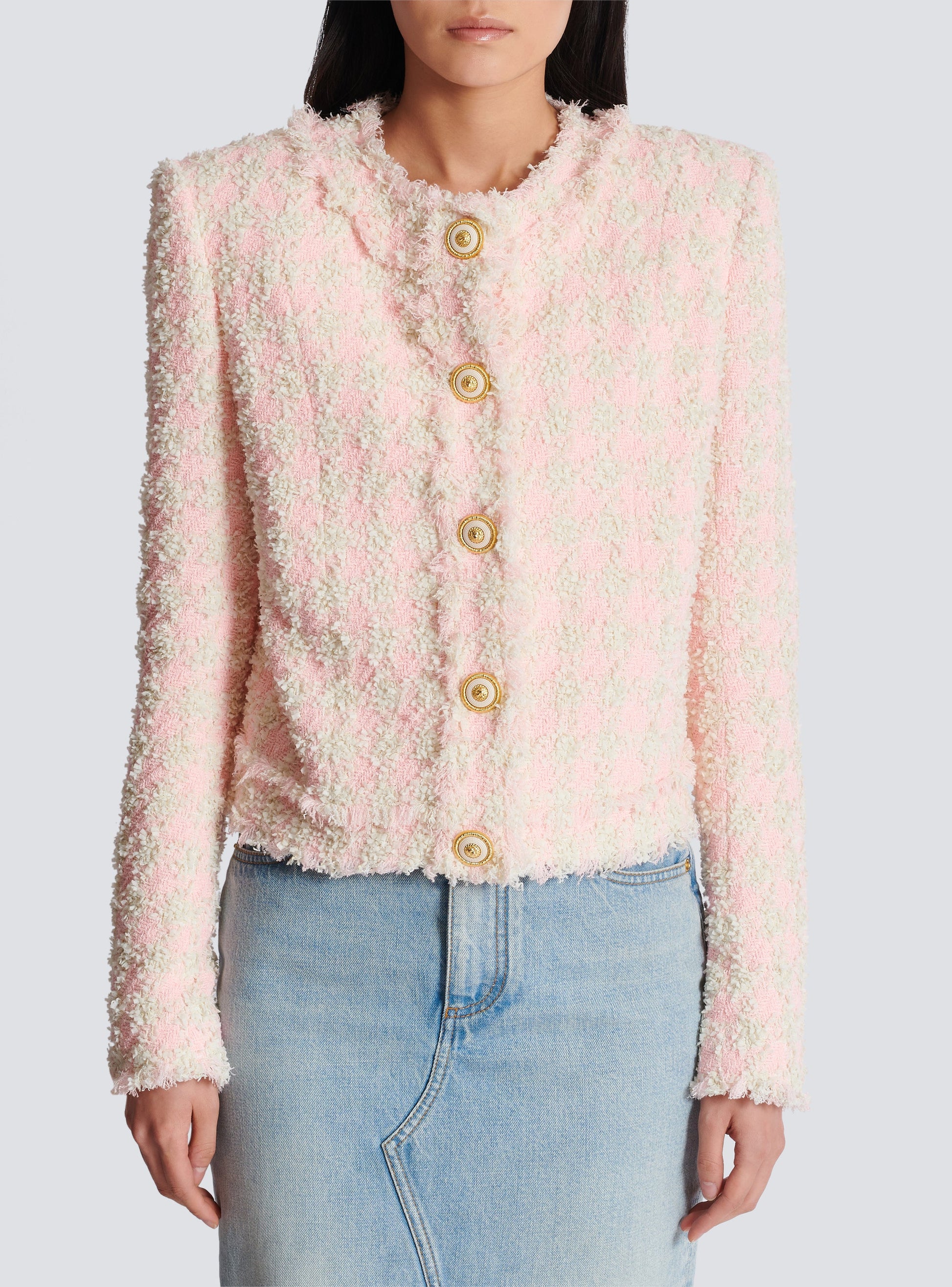 COLLARLESS TWEED JACKET-ROSE/BGE-38-CLOTHINGJACKETCASUAL-BALMAIN