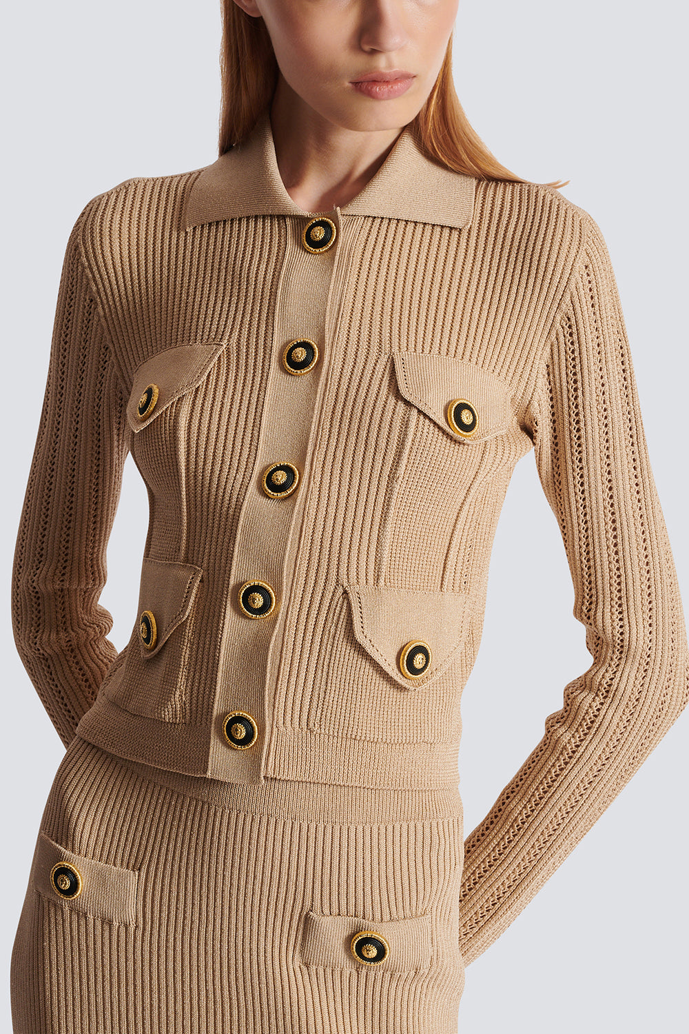 CROPPED RIBBED CARDIGAN-NUDE-34-CLOTHINGSPECIALPOP UP-BALMAIN