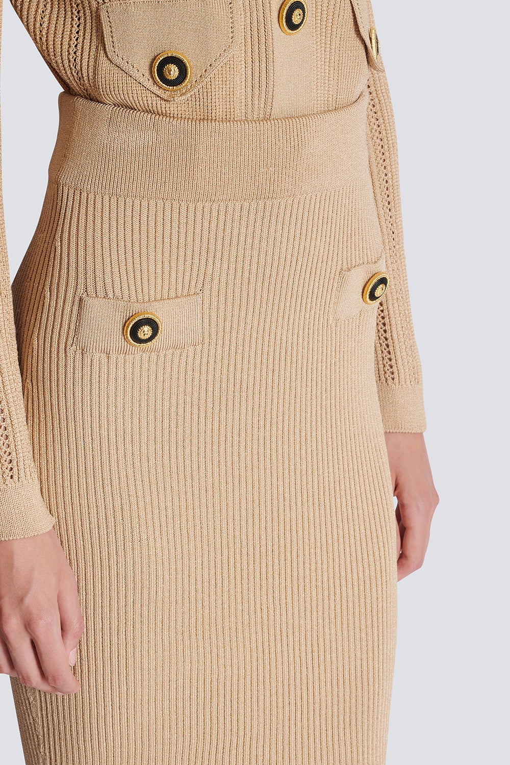 TWO BUTTON RIBBED MIDI SKIRT-NUDE-34-CLOTHINGSPECIALPOP UP-BALMAIN