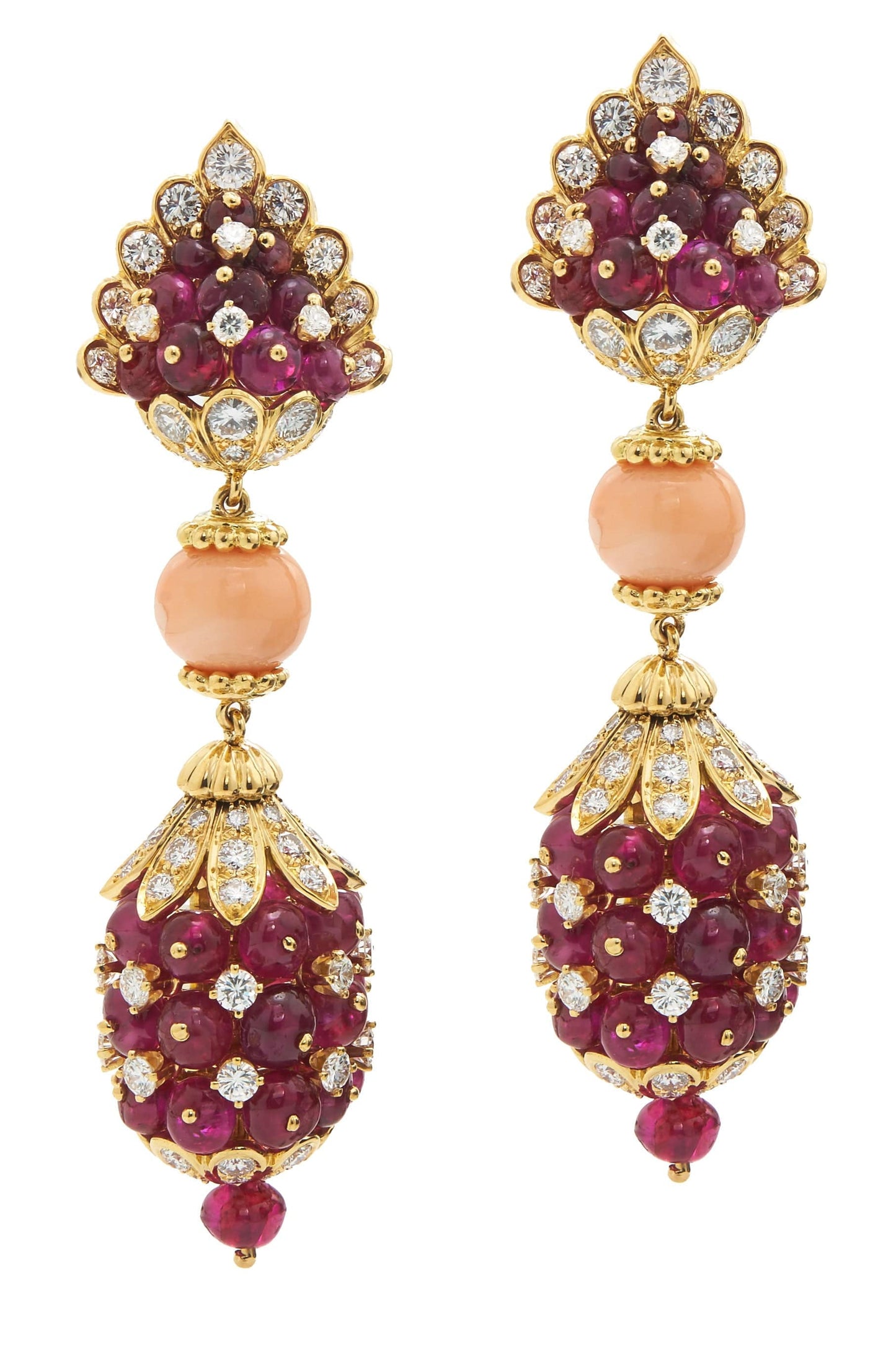 DAVID WEBB-Ruby Coral Bead Diamond Earrings-YELLOW GOLD