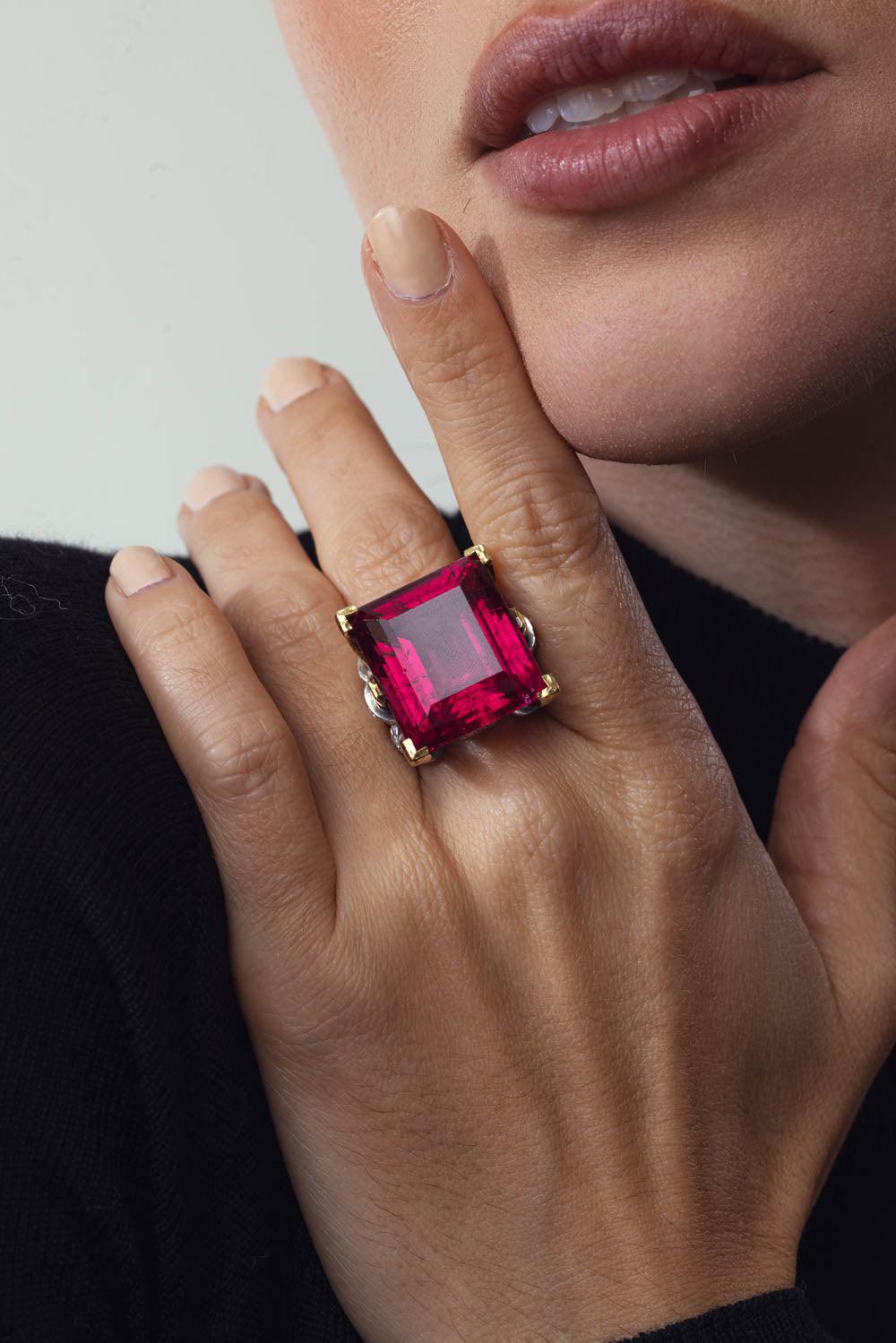 DAVID WEBB-Diamond Rubellite Trestle Ring-YELLOW GOLD