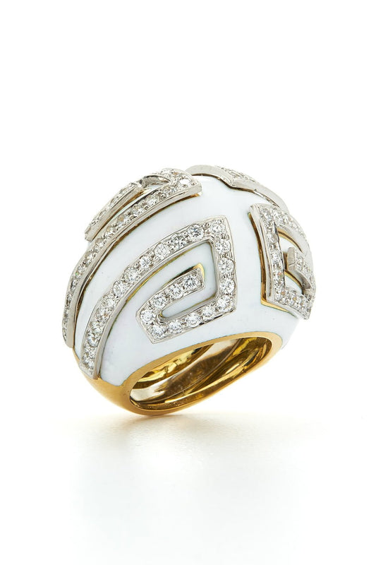 DAVID WEBB-Diamond White Enamel Scroll Ring-YELLOW GOLD