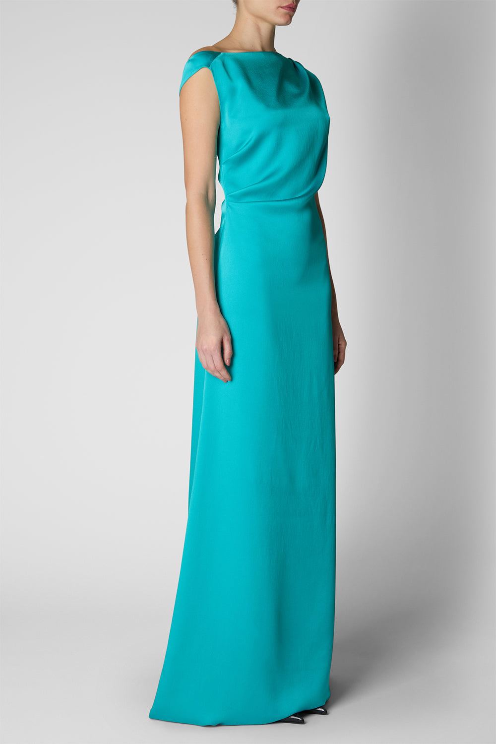 Off Shoulder Long Dress - Turquoise-TURQUOIS-40-CLOTHINGDRESSGOWN-DEL CORE