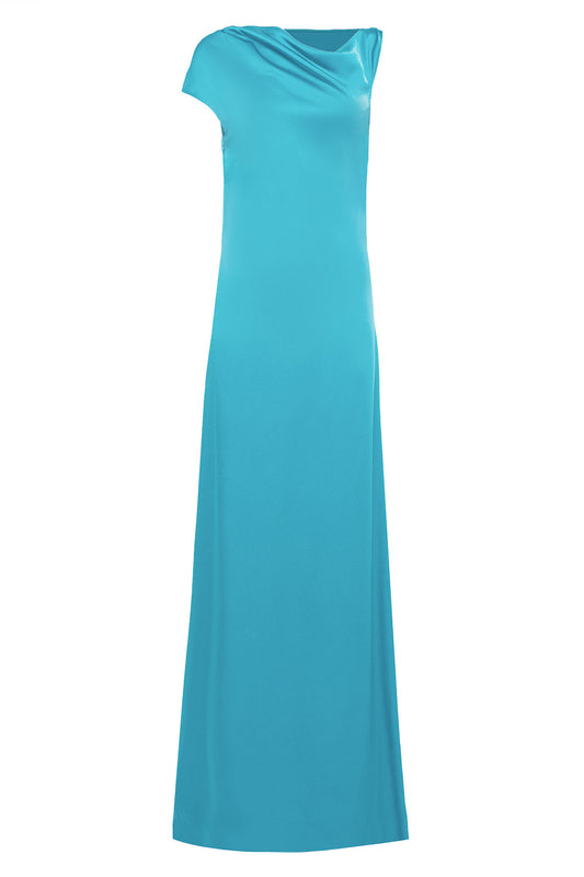 Off Shoulder Long Dress - Turquoise-TURQUOIS-40-CLOTHINGDRESSGOWN-DEL CORE