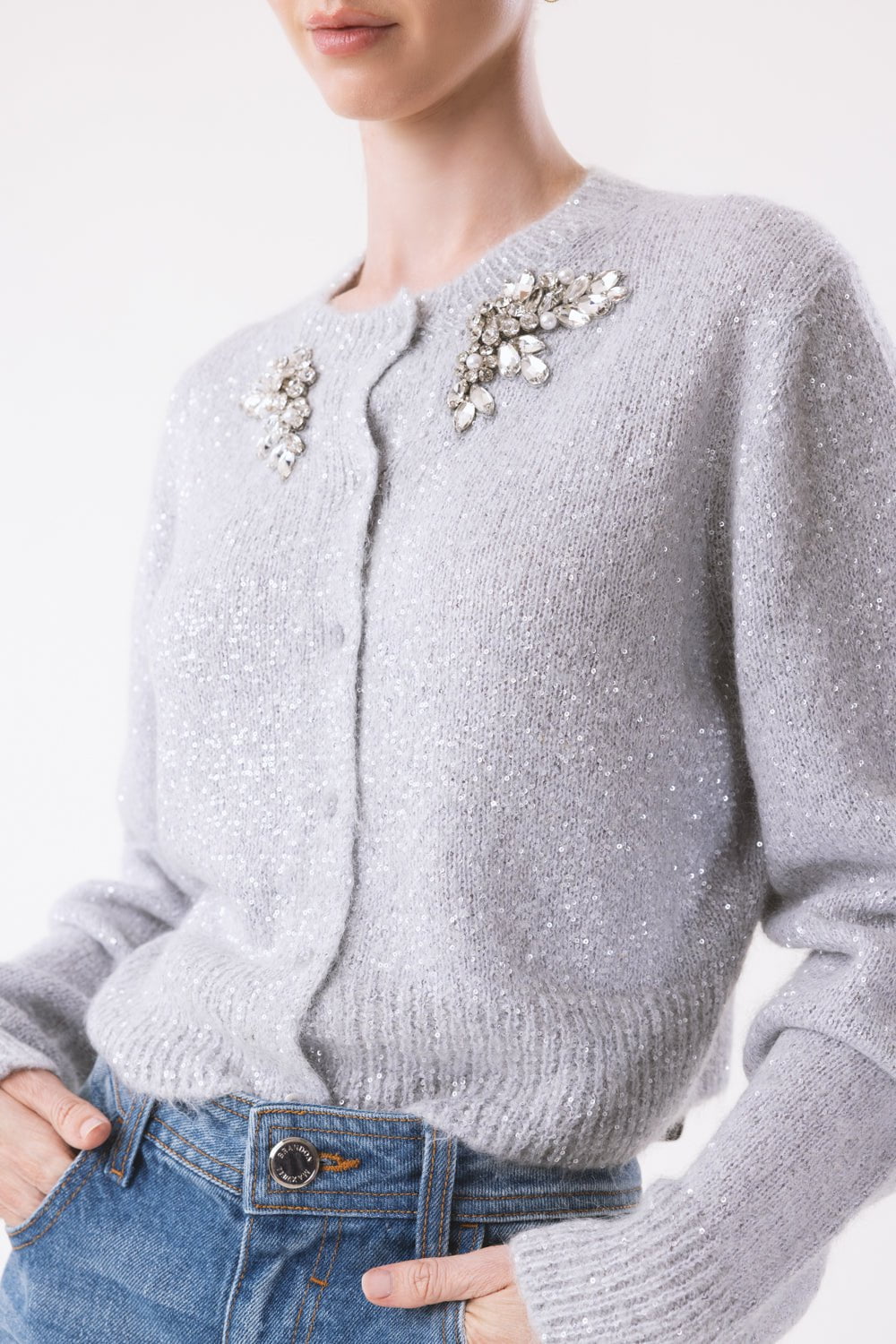 ERDEM-Embellished Cropped Cardigan - Silver-