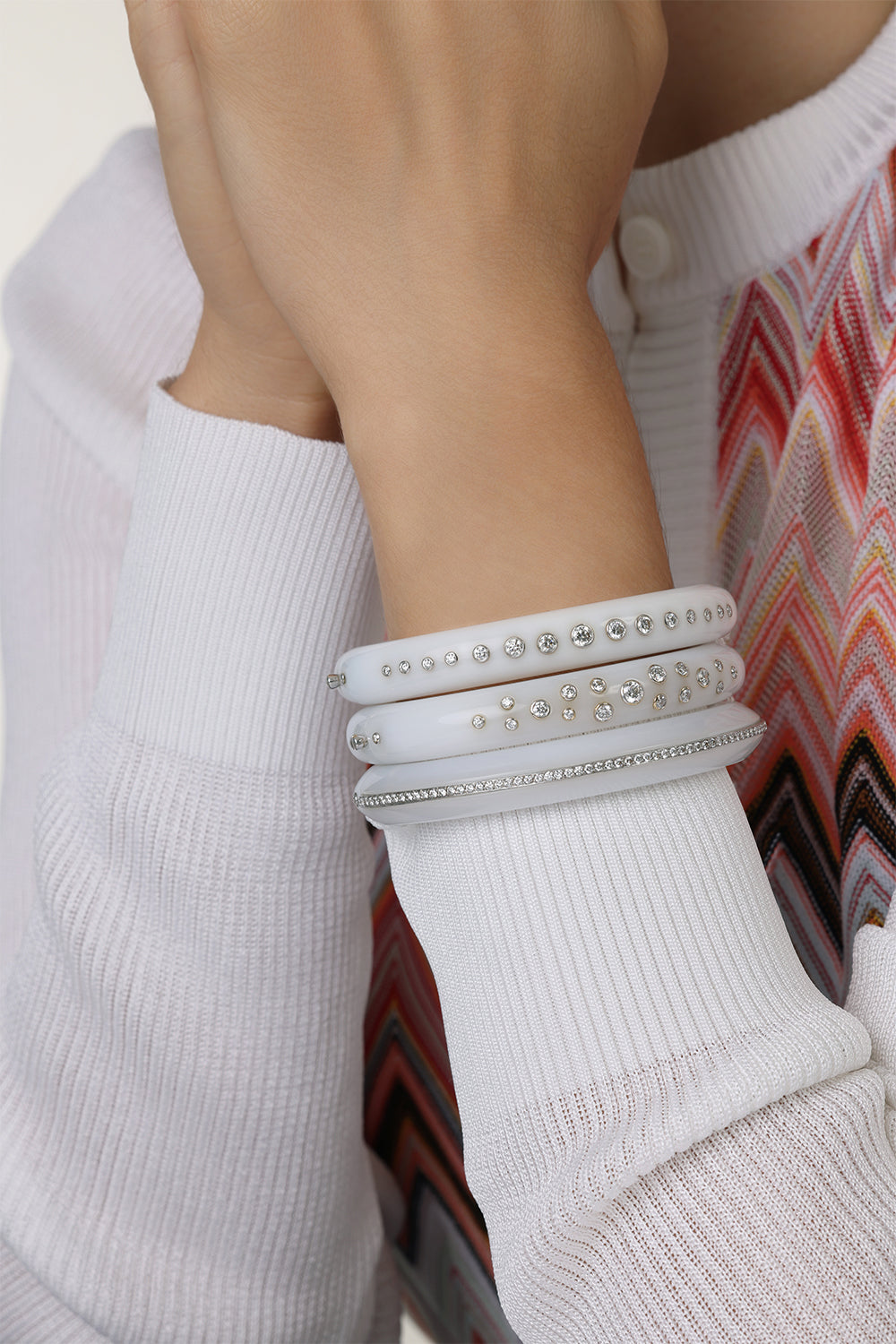 White Chalcedony and Diamond Bezel Line 
Bangle-WHITE GOLD-JEWELRYFINE JEWELBRACELET O-FRED LEIGHTON