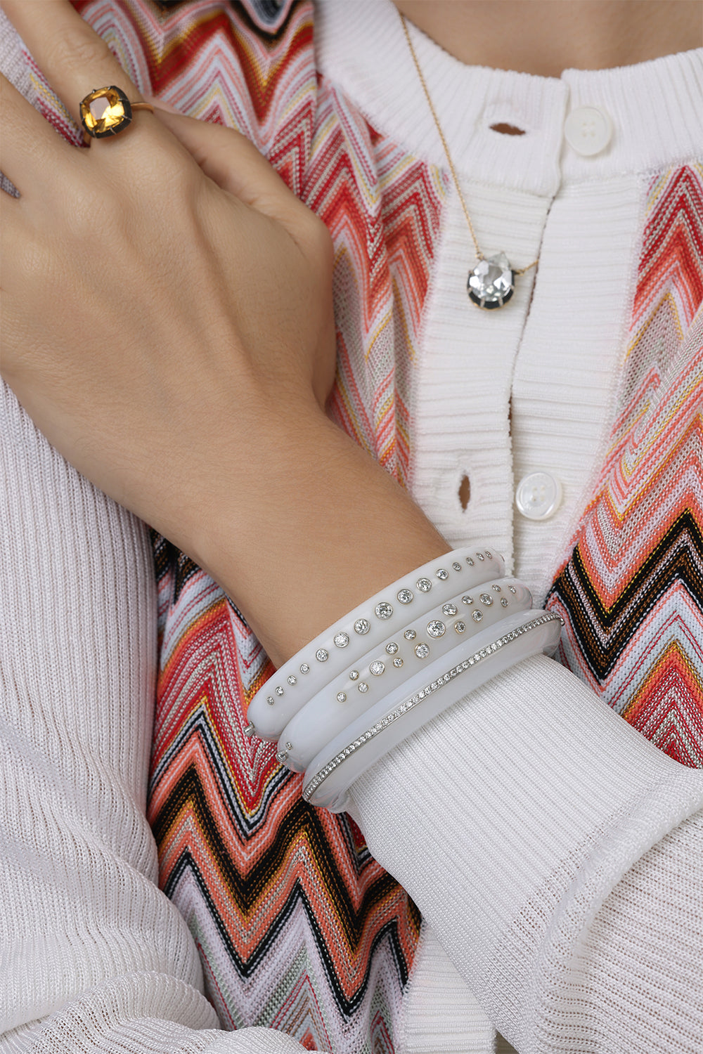 White Chalcedony and Diamond Bezel Line 
Bangle-WHITE GOLD-JEWELRYFINE JEWELBRACELET O-FRED LEIGHTON