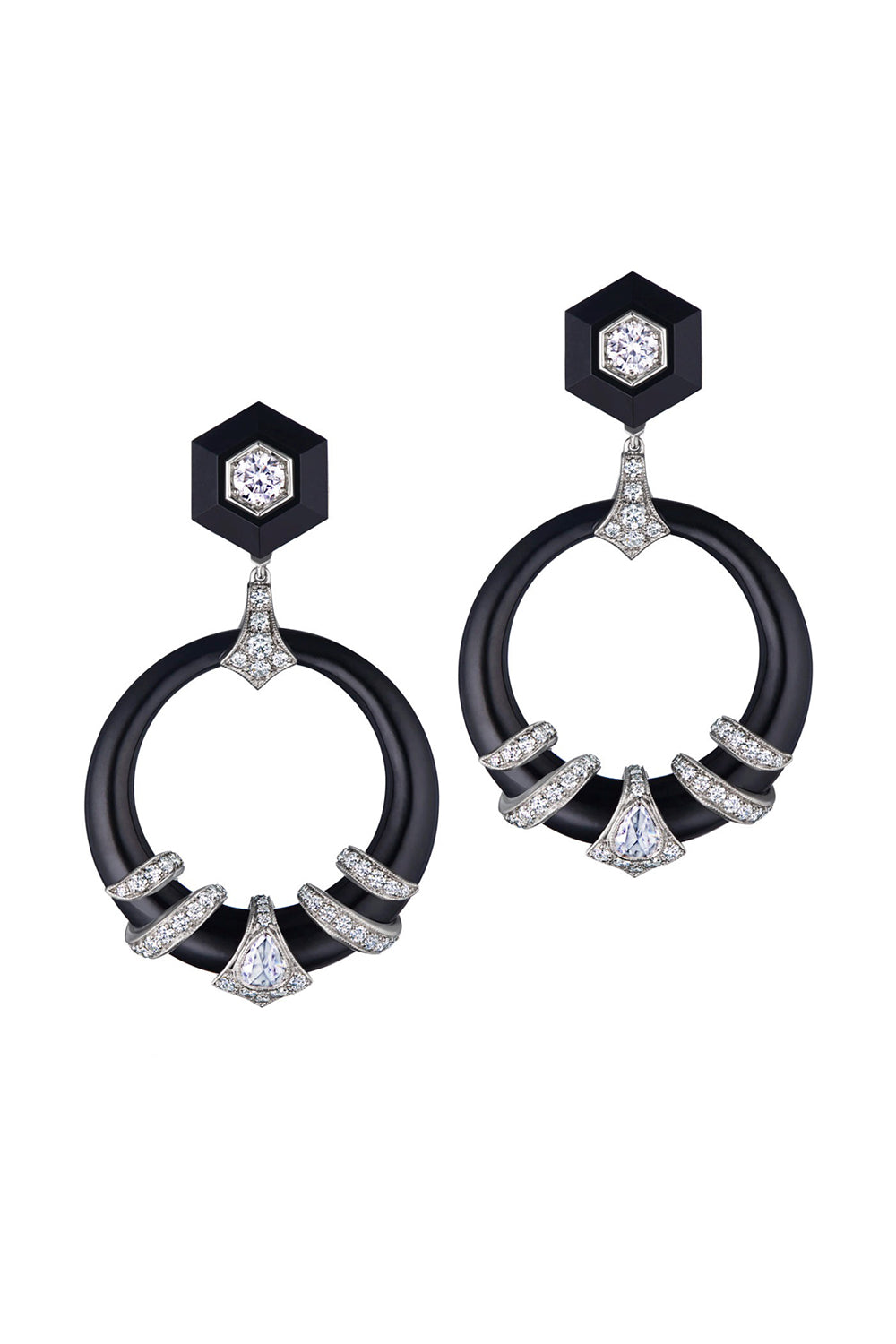 Black Jade and Diamond Coiled Door Knocker 
Earrings-WHITE GOLD-JEWELRYFINE JEWELEARRING-FRED LEIGHTON