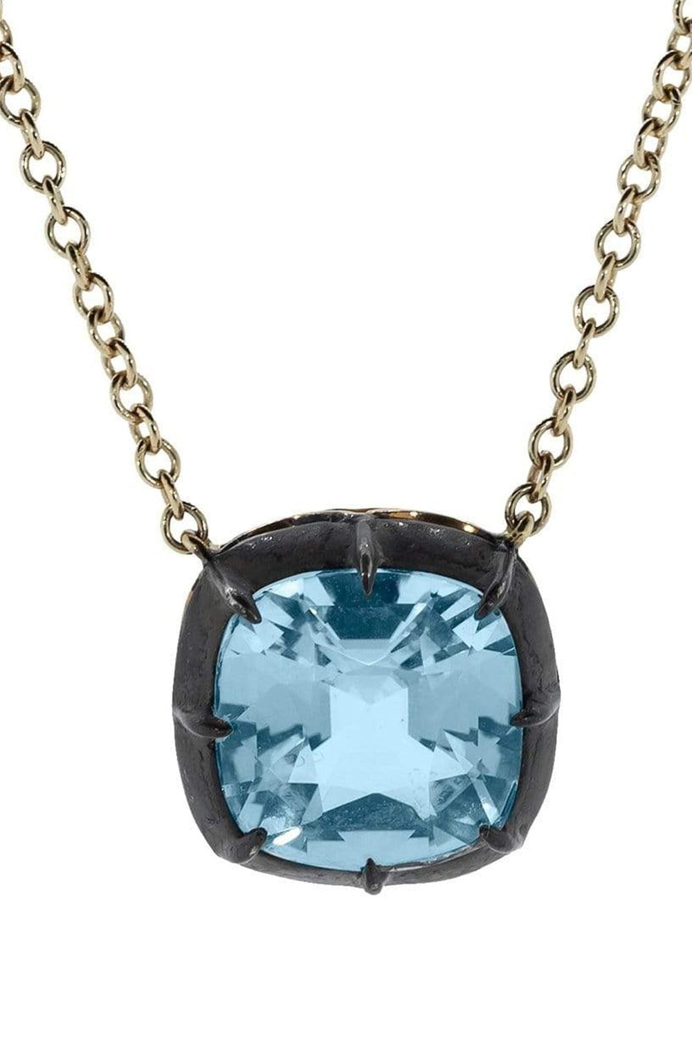 FRED LEIGHTON-Cushion Blue Topaz Collet Signature Pendant Necklace-YELLOW GOLD