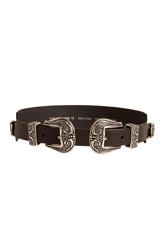 Double Buckle Lace Belt - Black-BLACK-70-ACCESSORIEBELTS-GOLDEN GOOSE