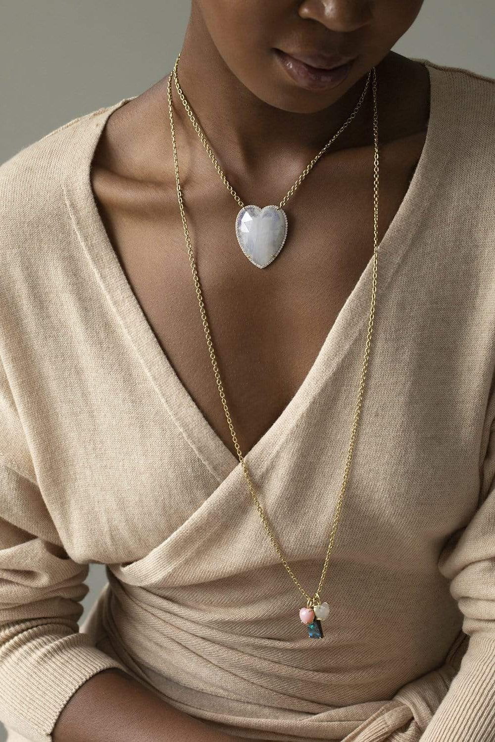 IRENE NEUWIRTH JEWELRY-Rainbow Moonstone and Diamond Heart Necklace-YELLOW GOLD