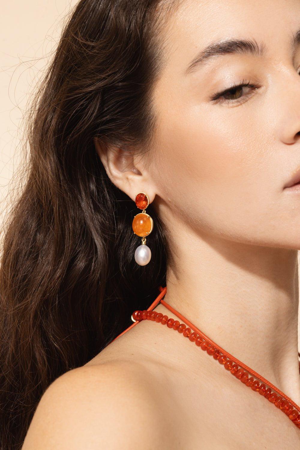 LEIGH MAXWELL-Fire Opal Spessertite Drop Earrings-YELLOW GOLD