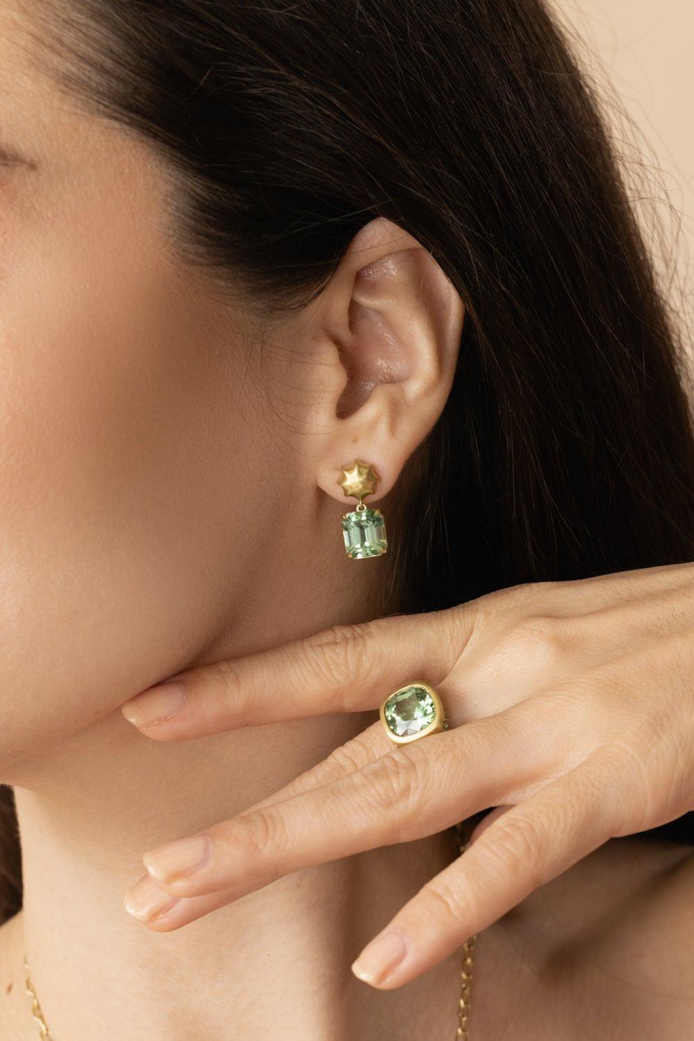 LEIGH MAXWELL-Green Tourmaline Gemmy Wave Topper Earrings-YELLOW GOLD