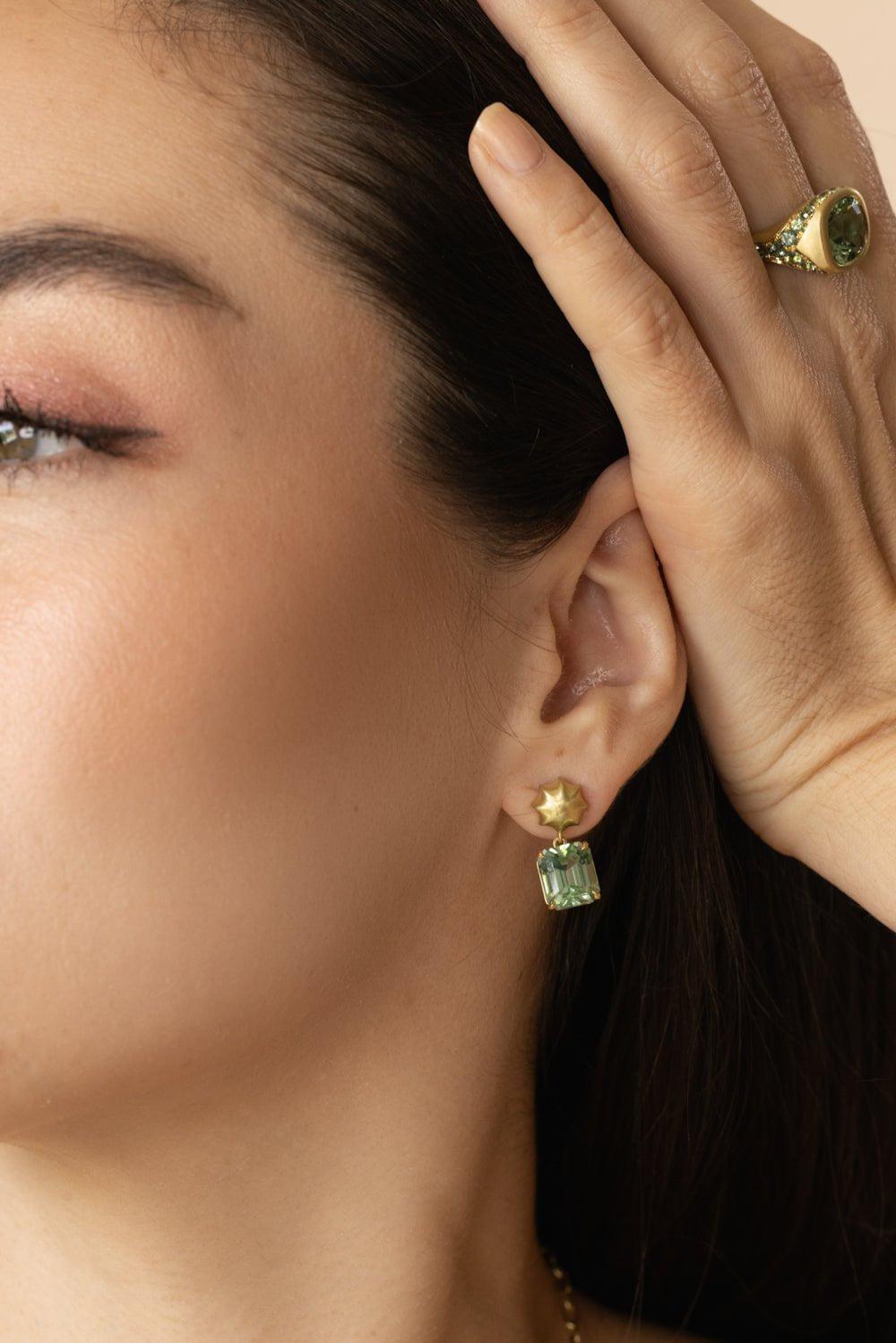 LEIGH MAXWELL-Green Tourmaline Gemmy Wave Topper Earrings-YELLOW GOLD