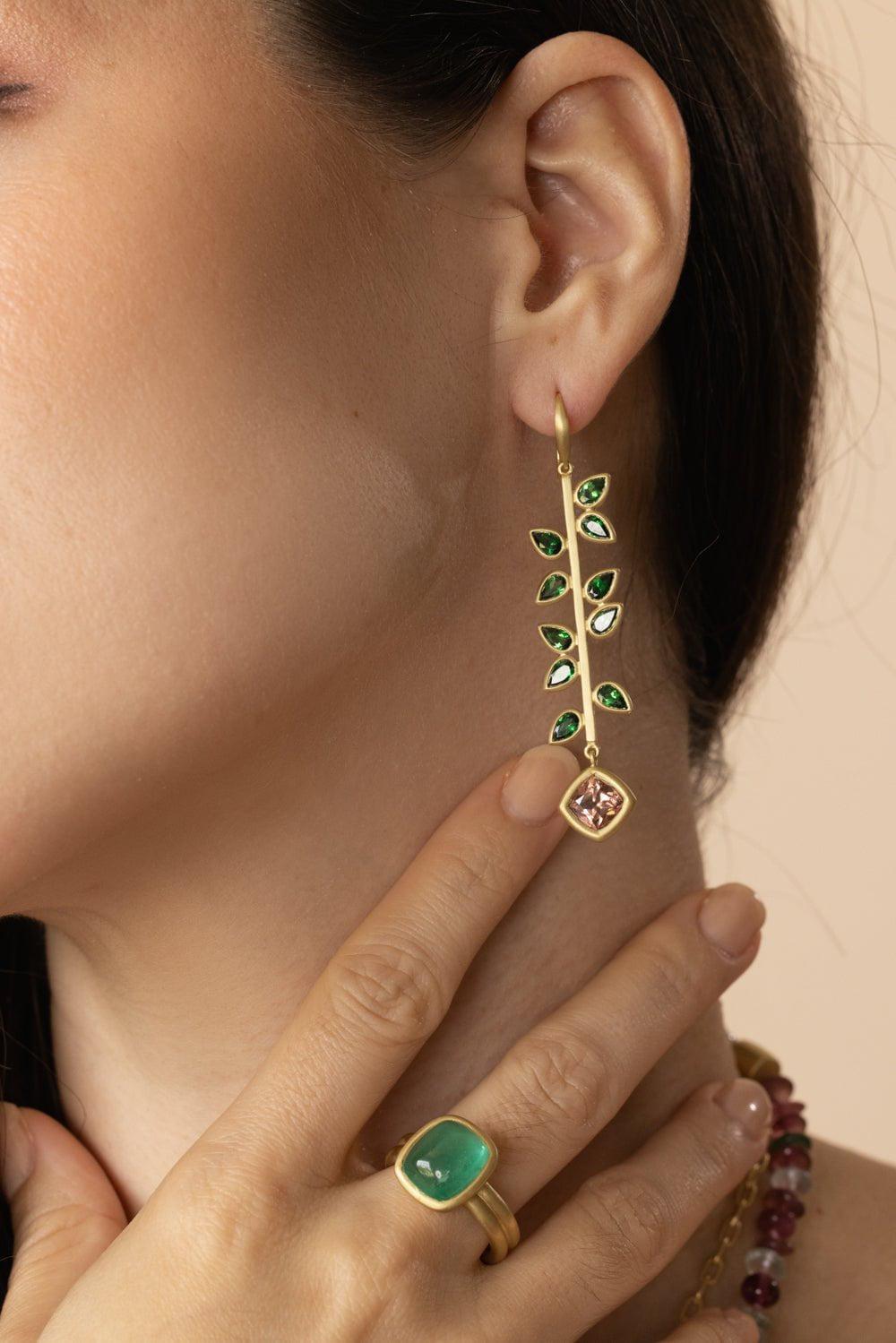 LEIGH MAXWELL-Tsavorite Garnet Rose Zircon Bahari Stick Earrings-YELLOW GOLD