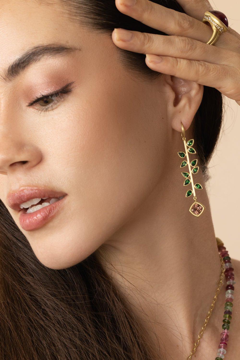 LEIGH MAXWELL-Tsavorite Garnet Rose Zircon Bahari Stick Earrings-YELLOW GOLD