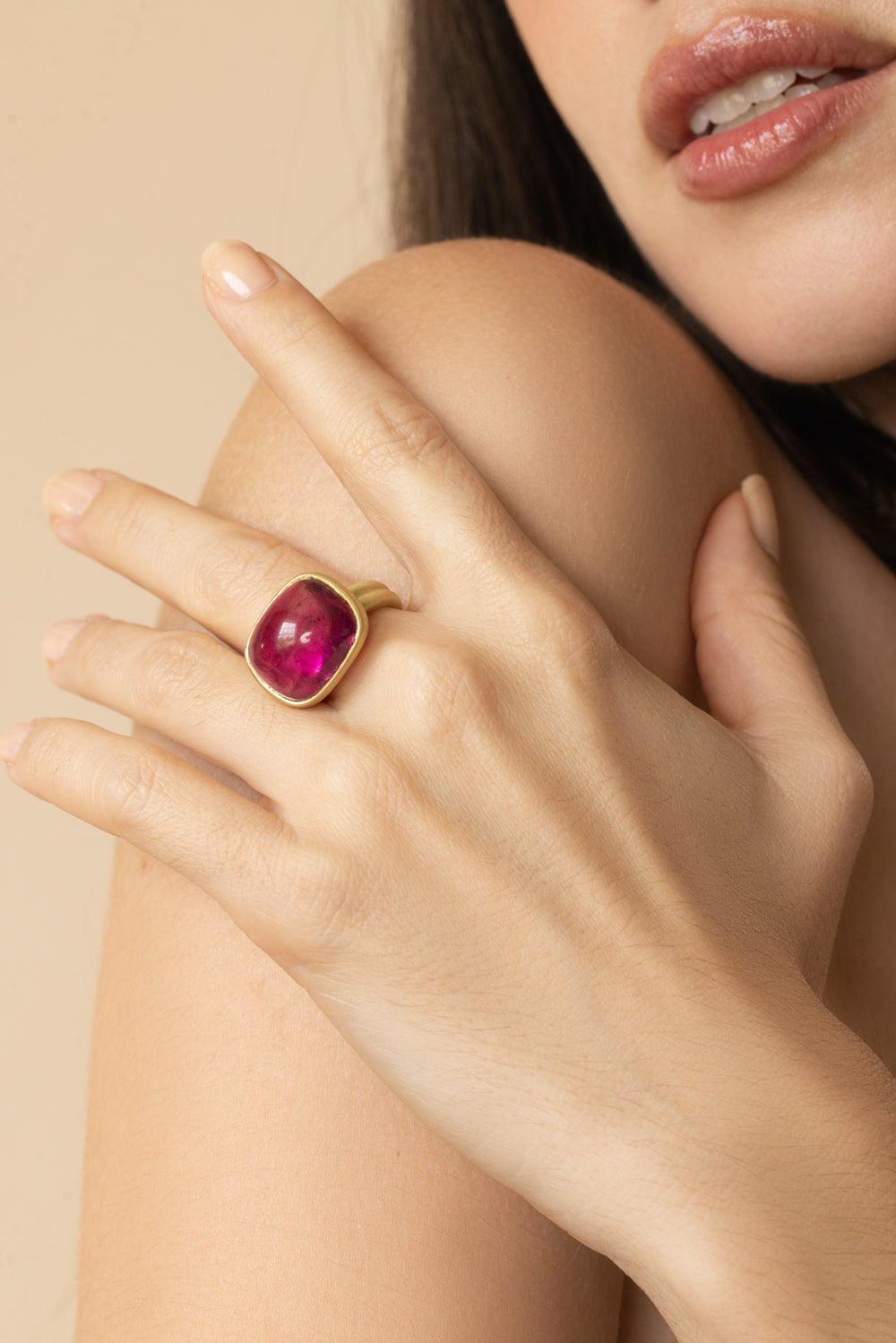 LEIGH MAXWELL-Pink Tourmaline Scallop Ring-YELLOW GOLD