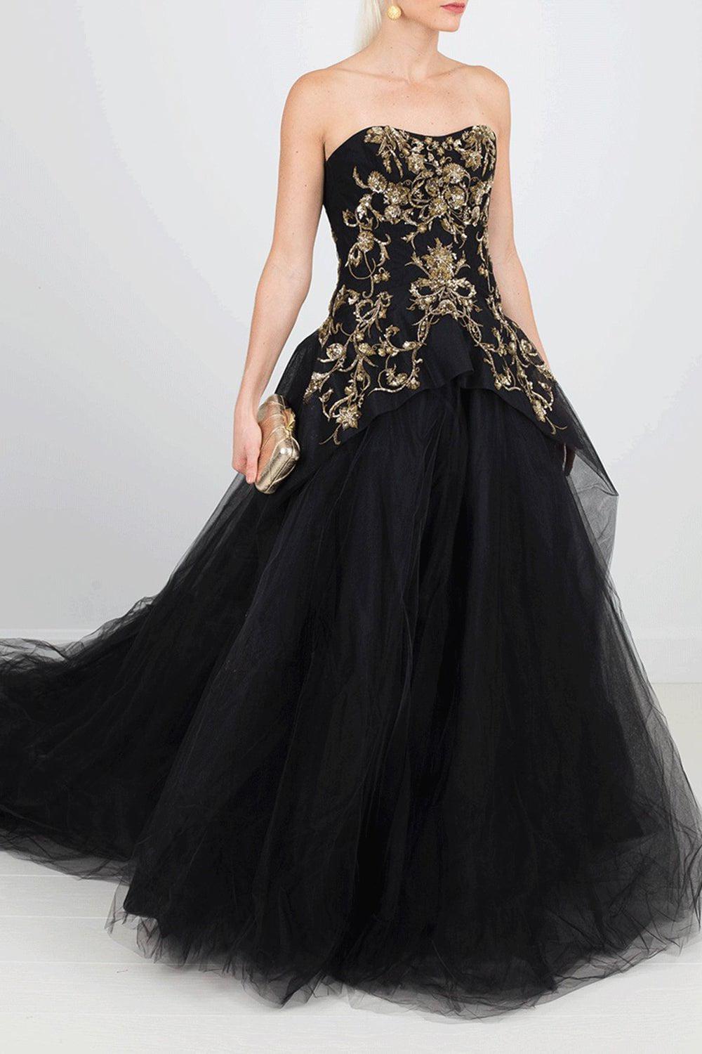 MARCHESA-Gold Embroidered Tulle Gown-