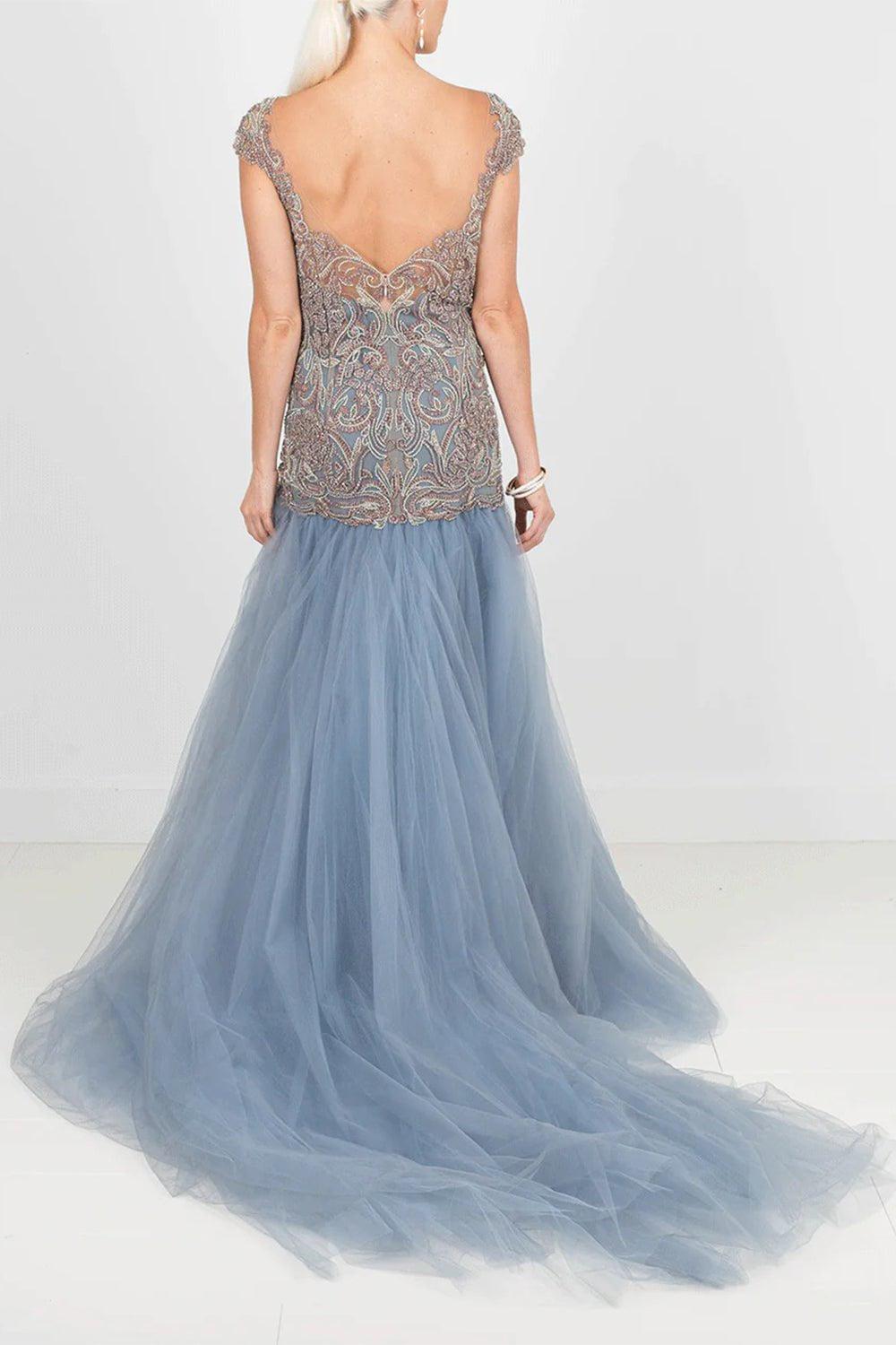 MARCHESA-Drop Waist Embroidered Ball Gown-BLUE