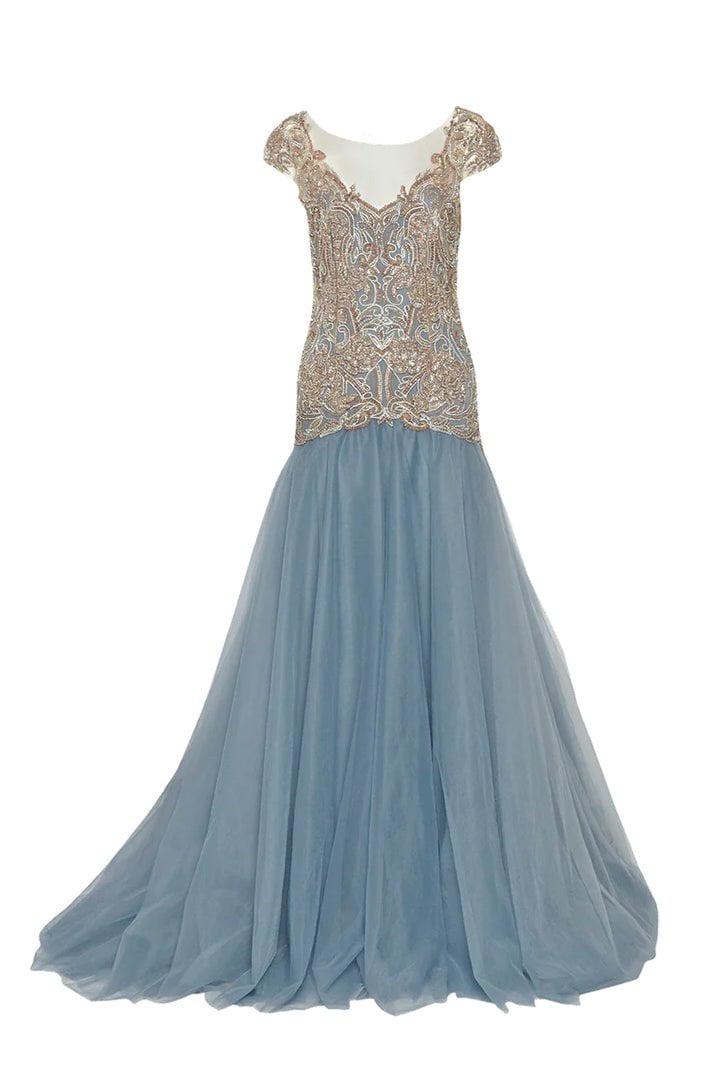 MARCHESA-Drop Waist Embroidered Ball Gown-BLUE