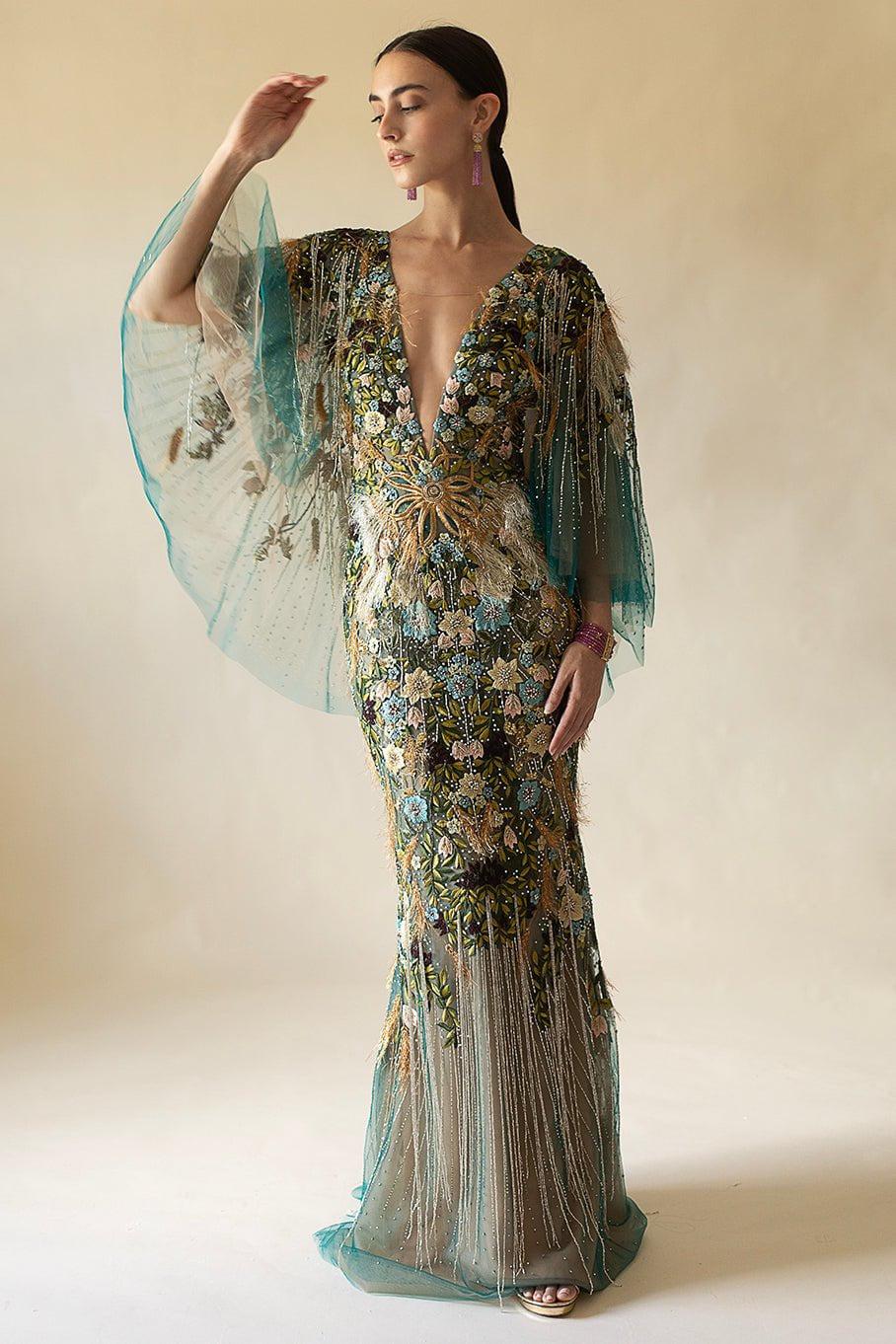 MARCHESA-Mesh VNeck Gown-PEACOCK