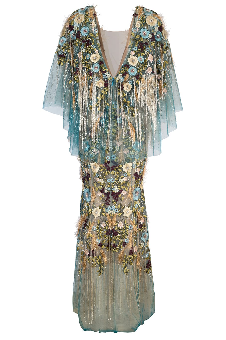 MARCHESA-Mesh VNeck Gown-PEACOCK