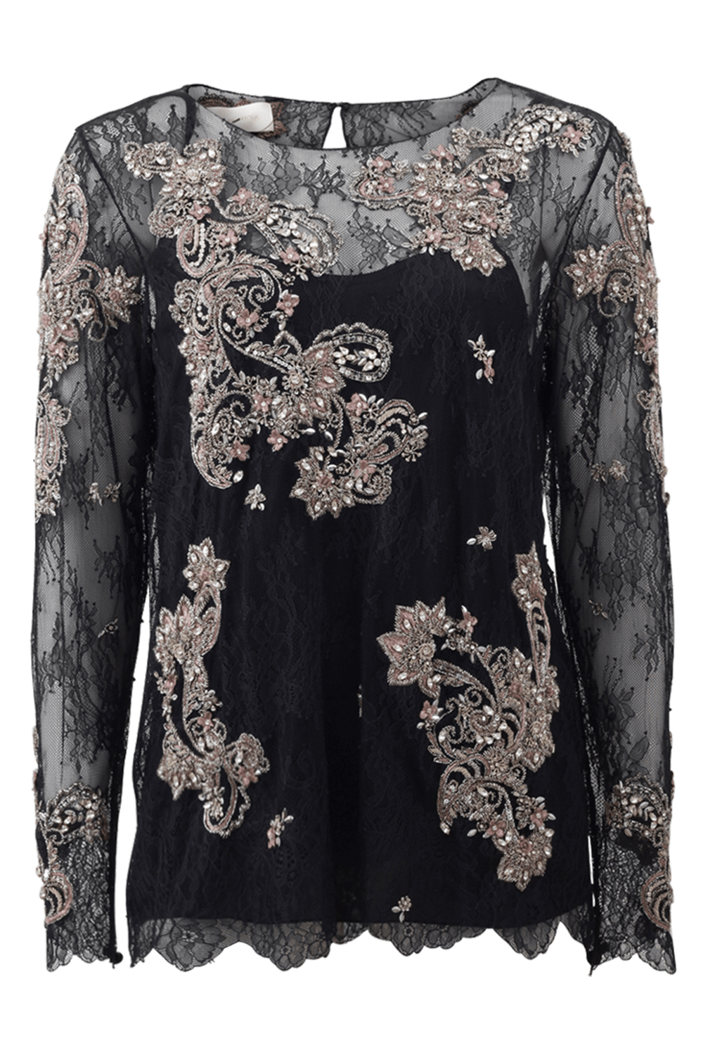 MARCHESA-Chantilly Lace Top With Beading-