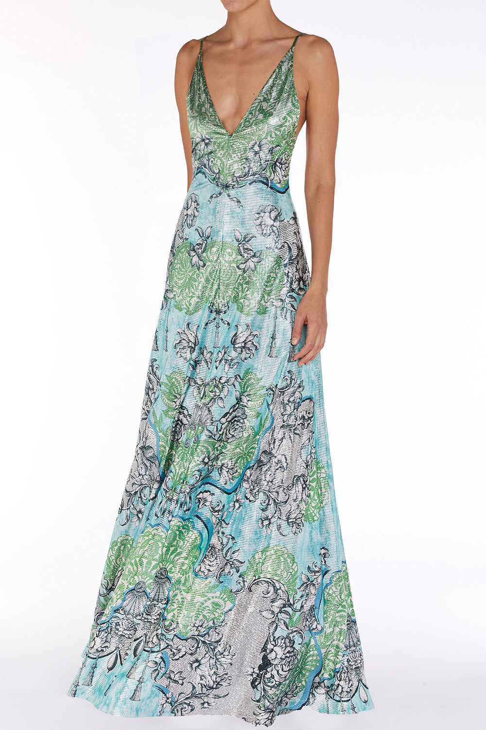 Daria Gown-ROCAILLE LACE CYAN-2-CLOTHINGDRESSGOWN-MARY KATRANTZOU