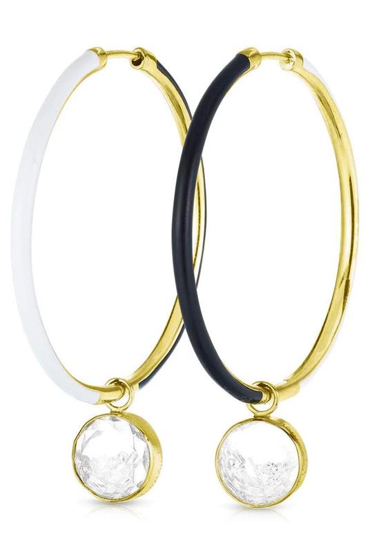 MORITZ GLIK-Black and White Enamel Hoop Earrings-YELLOW GOLD