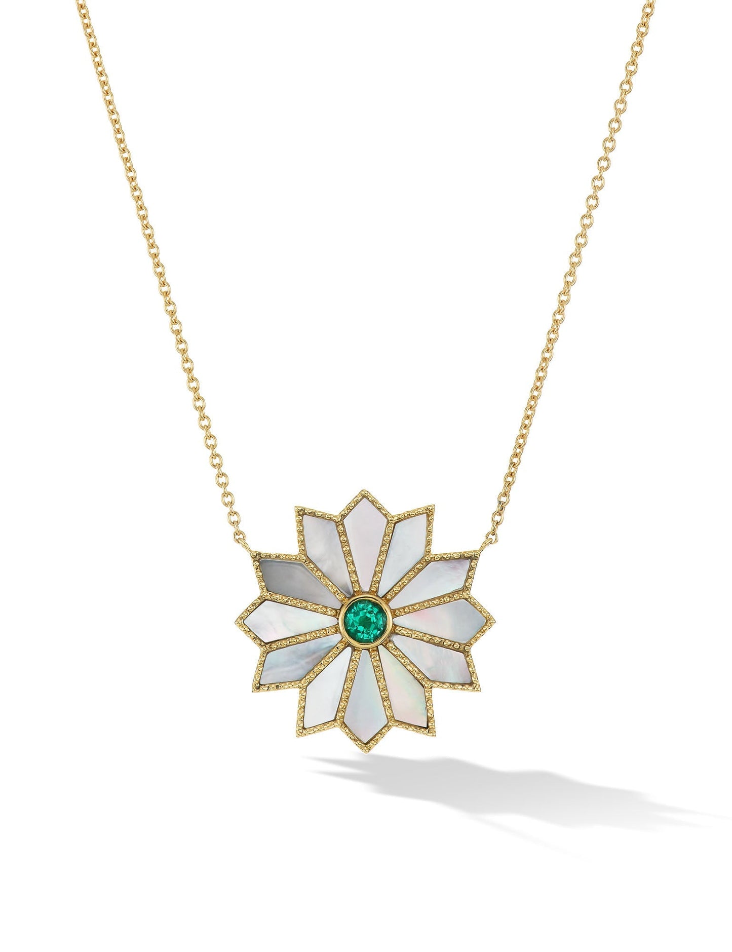 ORLY MARCEL-MINI SACRED EMERALD INLAY FLOWER NECKLACE-YELLOW GOLD