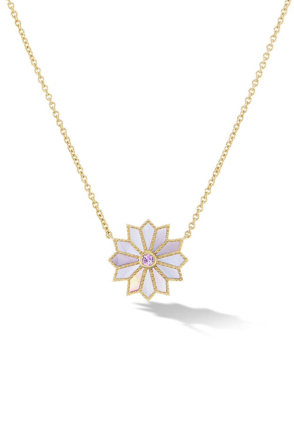 ORLY MARCEL-MINI SACRED PINK SAPPHIRE INLAY FLOWER NECKLACE-YELLOW GOLD