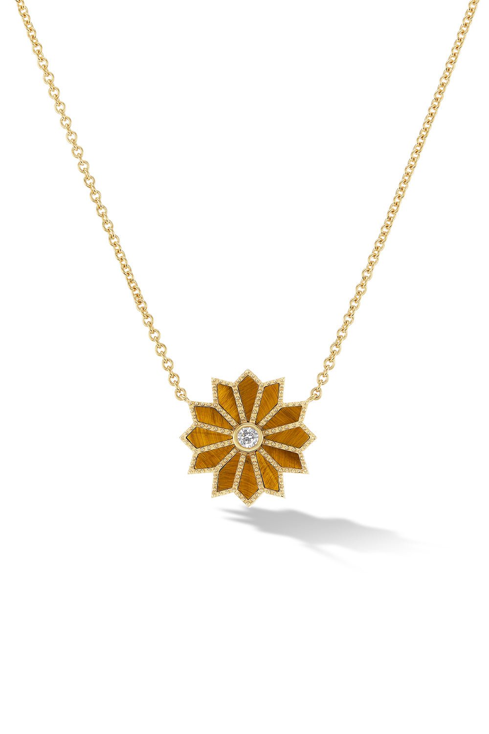 ORLY MARCEL-MINI SACRED TIGERS EYE INLAY FLOWER NECKLACE-YELLOW GOLD