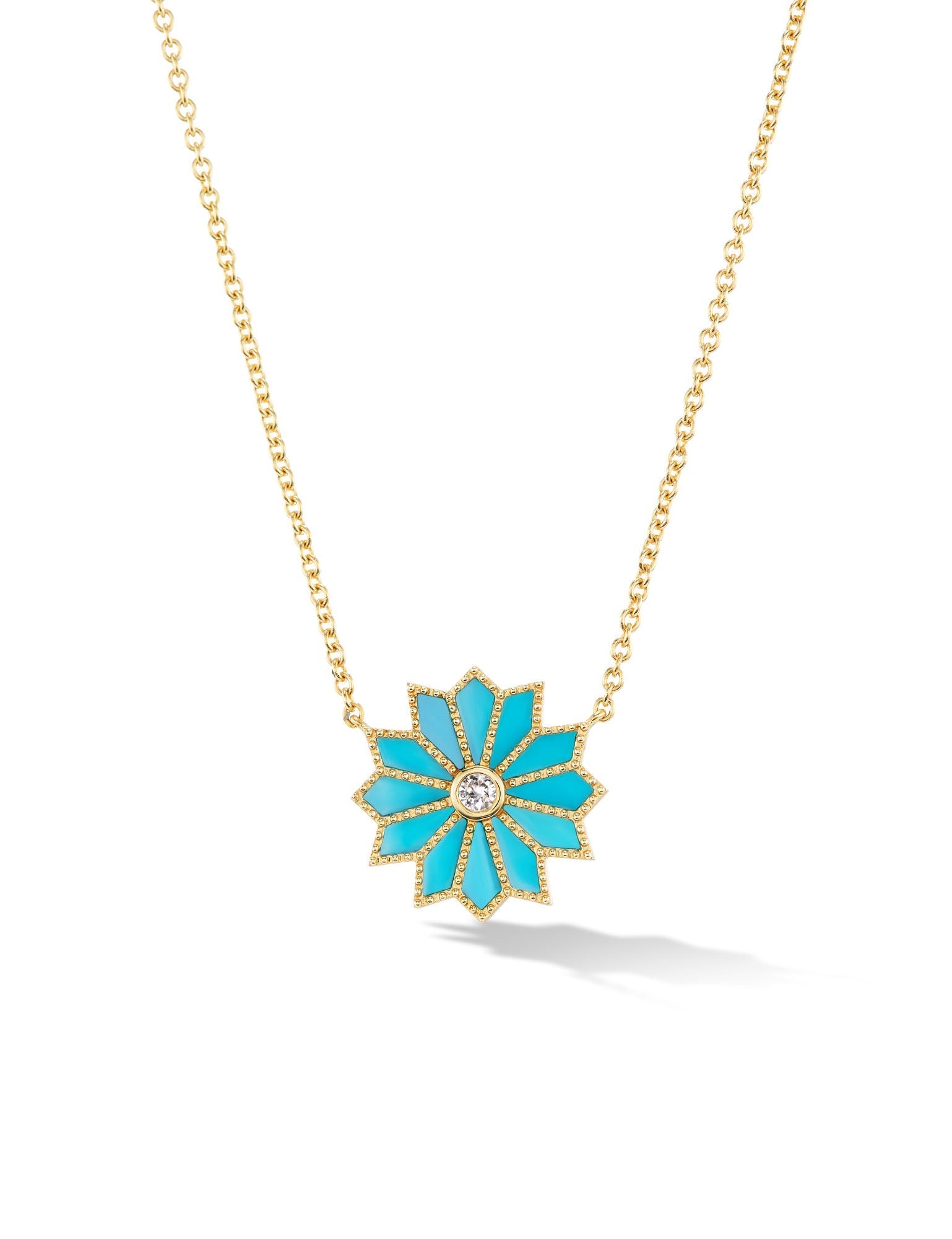 ORLY MARCEL-MINI SACRED TURQUOISE INLAY FLOWER NECKLACE-YELLOW GOLD