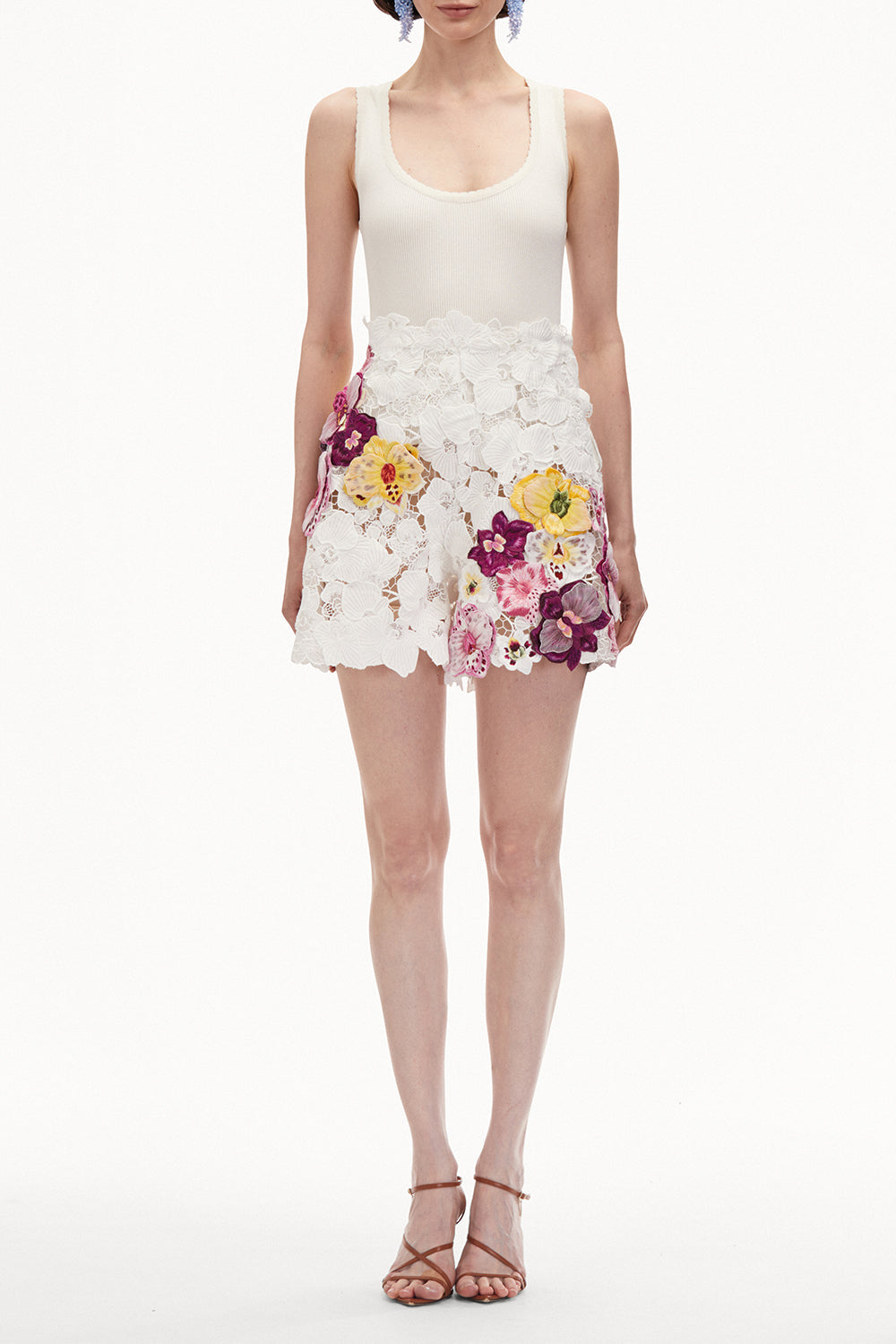 OSCAR DE LA RENTA-Climbing Orchid Embroidered Shorts-WHITE