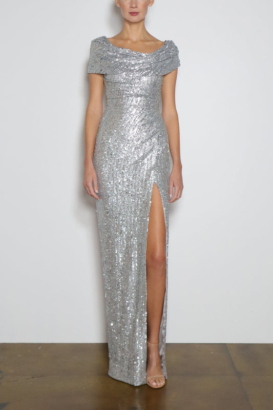 Sequin Drape Shoulder Gown-SILVER-4-CLOTHINGDRESSGOWN-PAMELLA ROLAND