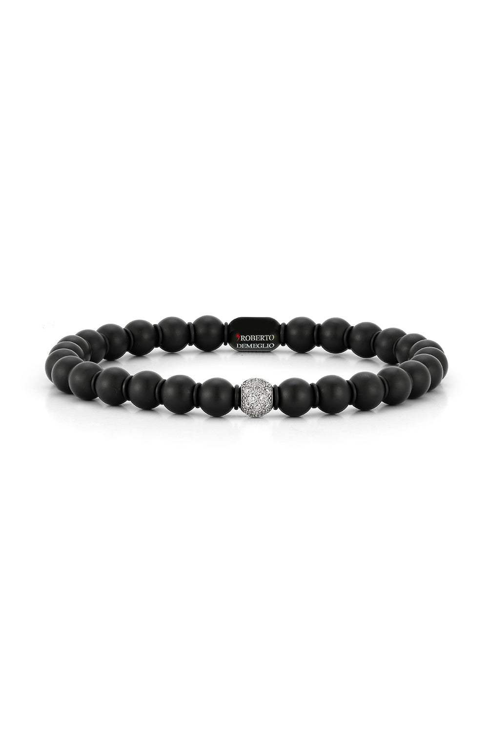 Diamond Bead Matte Black Ceramic Sfera Stretch Bracelet-WHITE GOLD-JEWELRYFINE JEWELBRACELET O-ROBERTO DEMEGLIO