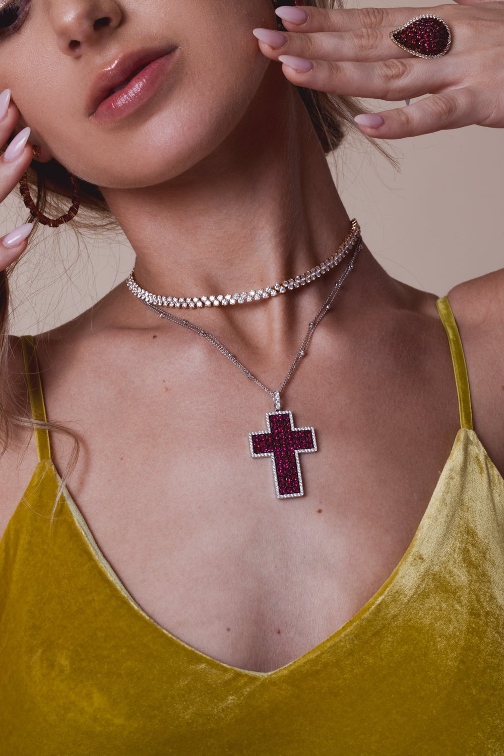 STEFERE-Diamond Ruby Cross Pendant Necklace-WHITE GOLD