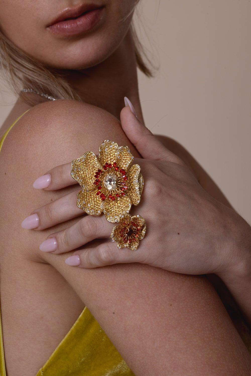 STEFERE-Orange Yellow Sapphire Flower Ring-YELLOW GOLD