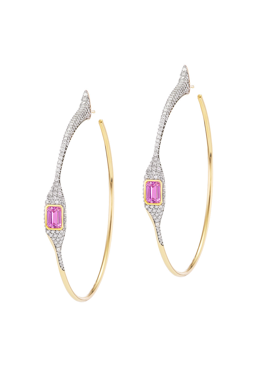 Pink Sapphire Pave Tusk Hoop Earrings-YELLOW GOLD-JEWELRYFINE JEWELEARRING-UNIFORM OBJECT