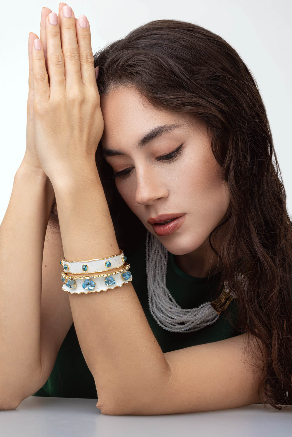 Blue Zircon Frosted Enamel Bracelet-YELLOW GOLD-JEWELRYFINE JEWELBRACELET O-VICTOR VELYAN